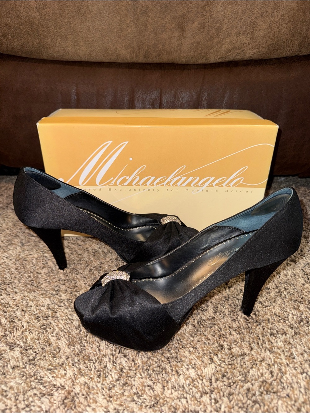Michaelangelo Black Satin Knotted Heels with Rhinestone Accent